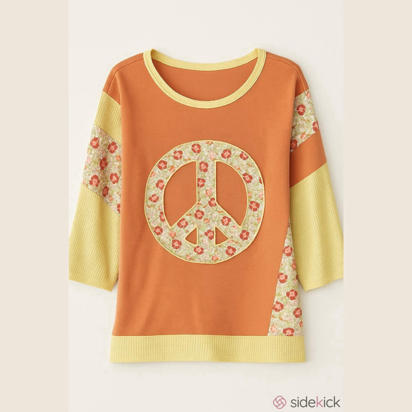 easel Tops - Size S/M Easel Peace Floral Patchwork Waffle Knit Top Carrot